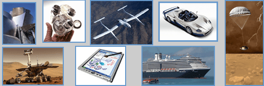 Collage of products and systems: architecture, biomedical, aerospace, automotive, robotics, electronics, and shipping